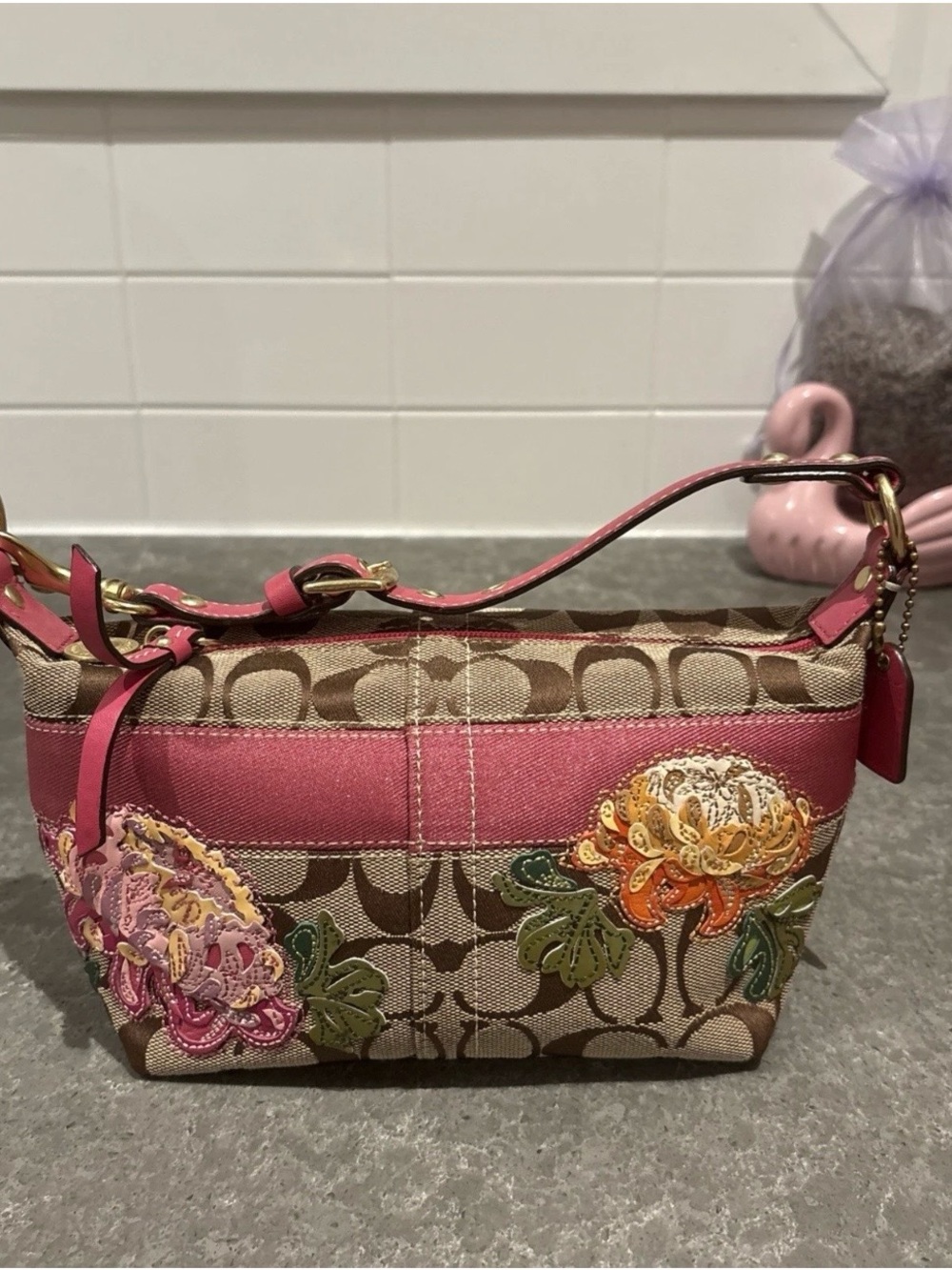 Coach Signature Canvas Shoulder Bag with Pink Trim & Floral Appliqués